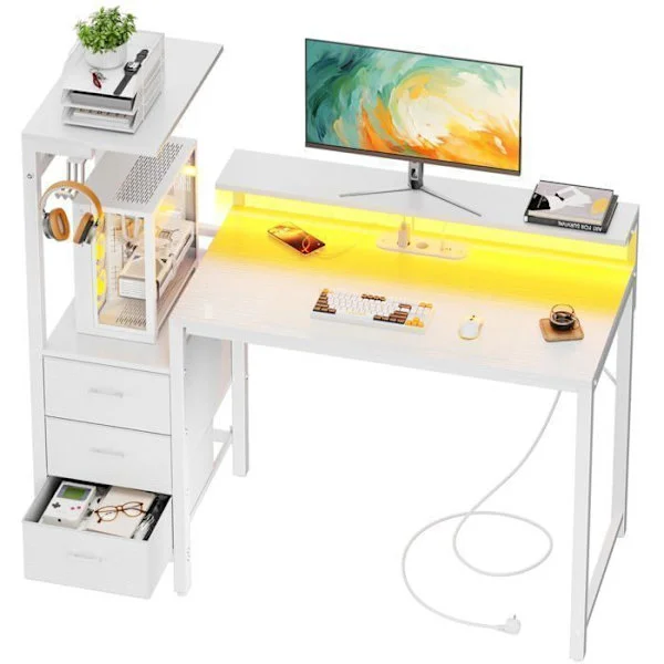EcoFurnix Bureau gaming med LED 112 cm – Datorbord med skärmstöd, Förvaringshylla och tyglåda – Vit