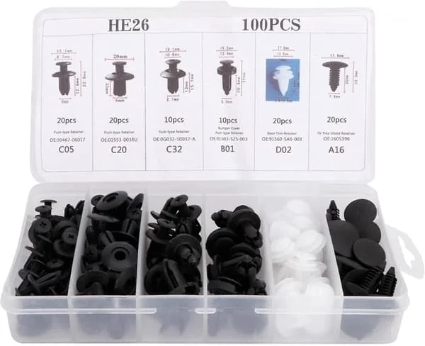 100 stk. Bilplast Nit Clips - Universal Plastskærm Clips - Bil Clips Kofanger Skærme Nit Clips Udskiftningssæt Ekspansionsskruer med Opbevaring