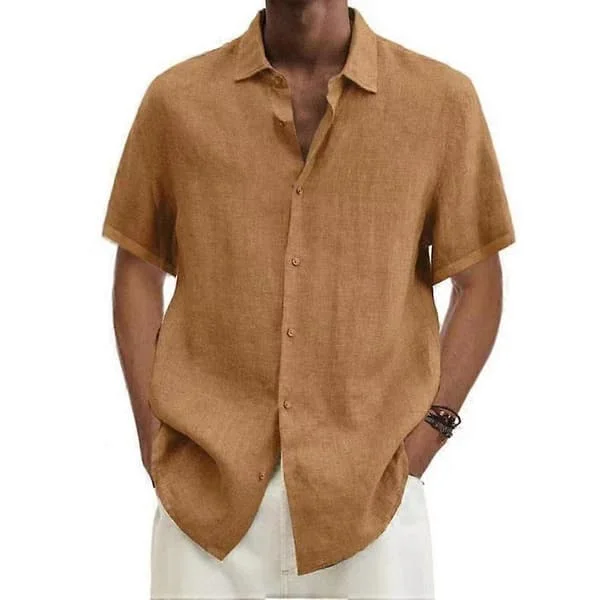 Sommer Lapel Knappelukking Bomull Lin Skjorte Ensfarget Herre Topper