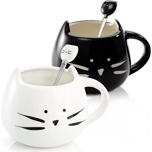 ZEAYEA Set of 2 Cat Mugs, 12 oz Porcelain Tea and Milk Mugs with Spoon for Women and Girls Who Love Cats