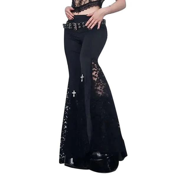 Lace Leggings med Utsvängda Ben för Kvinnor Gotiska Högmidjade Byxor med Utsvängda Ben