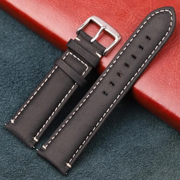 Vintage Crazy Horse Äkta Läder Klockarmband 20mm 22mm Snabbkoppling Kohud Band för Samsung Galaxy Watch Smart Armband Svart 20mm