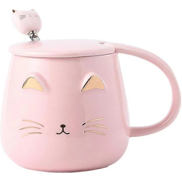 Rosa kattmugg, söt keramisk kaffemugg med rostfri stålsked, ny kaffemugg för kattälskare kvinnor flickor (400 ml)