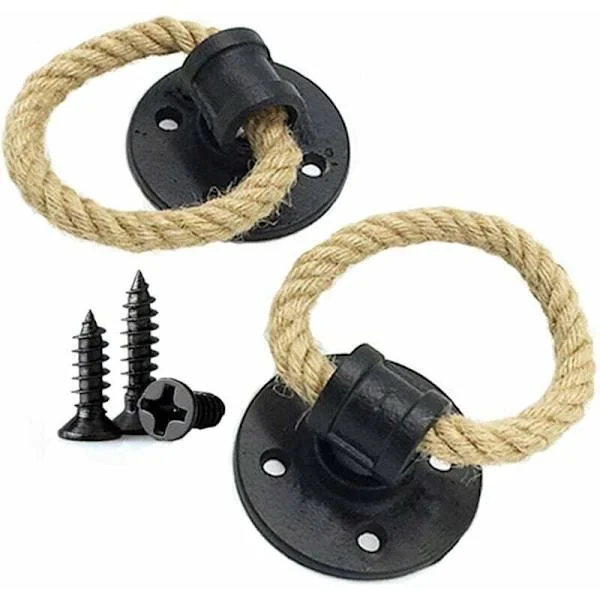 2 pcs Vintage Hemp Rope Wrought Iron Handle Wooden Door Handle Cabinet Knobs Sliding Door Handle Drawer Ring (Black)