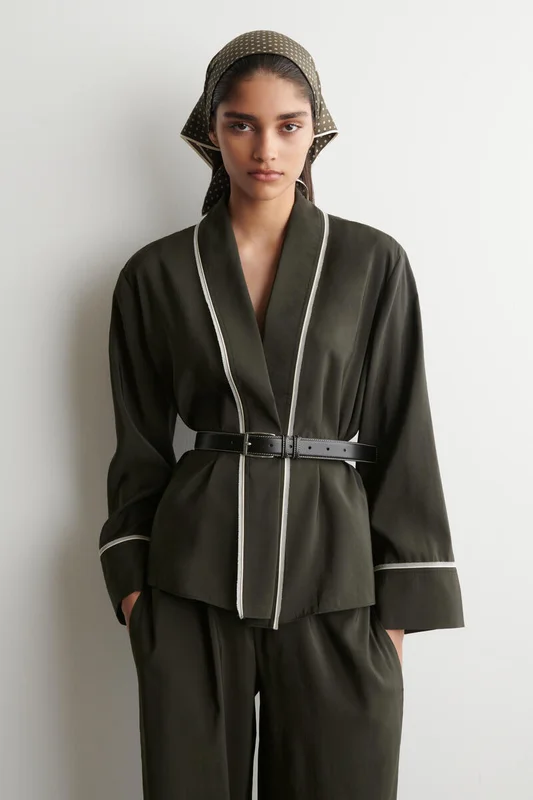 COS Women's Contrast Piped Belted Wrap Top in Green