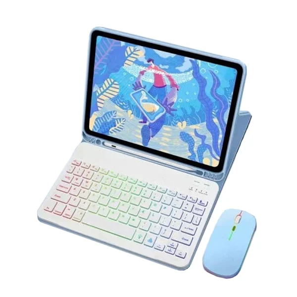 Blåt læderetui med RGB Bluetooth-tastatur og lysende mus til iPad 12.9 - Ydeevne og beskyttelse Blue iPad 12.9 inches