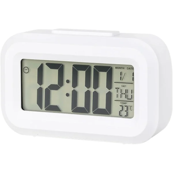 Liten digital vekkerklokke med stor skjerm, nattbordsklokke med lysende temperaturkalender, batteridrevet vekkerklokke for soverom, kontor, skrivebord