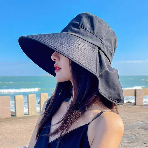 (Black) Women's Beach Hat Foldable Wide Brim Summer Hat Sun Hat Beach Bucket Hat Garden Hat