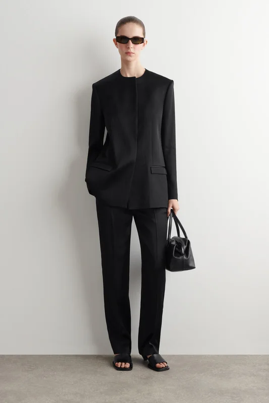 COS Women's Structured Collarless Satin Blazer in Black