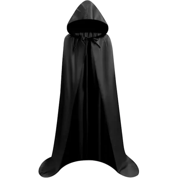 Lång svart huva kappa medeltida vampyr häxdräkt dam halloween kostym karneval jul vuxen L