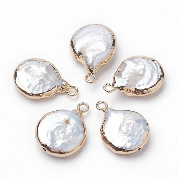 Elektropläterade Naturliga Barockpärlor Keshi Pärlberlocker, Odlade Sötvattens Pärlor, med Järnbeslag, Platta Runda, Gyllene, 16~22x13~16x4~8mm, Hål: 