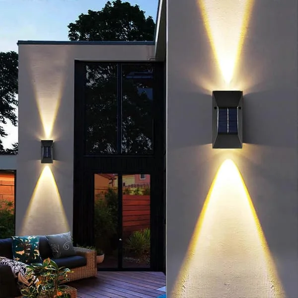 Solar Wall Lamp UP and DOWN Lighting Outdoor Solar Light IP65 Waterproof Modern Decor For Home Garden Porch, Black, 2-pack (FMY)