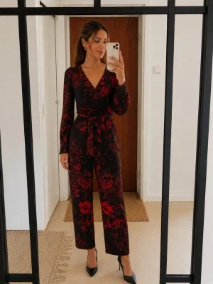 H&M XS/34 svart röd floral jumpsuit omlott wide leg elegant fest byxdress