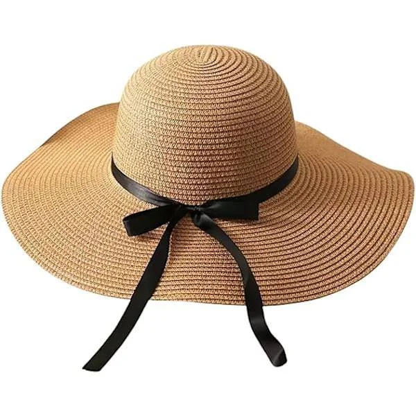 Stråhatt for kvinner - Sommer Strand Solhatt - Floppy & Sammenleggbar med Bred Skygge og Sløyfebånd Brun One Size