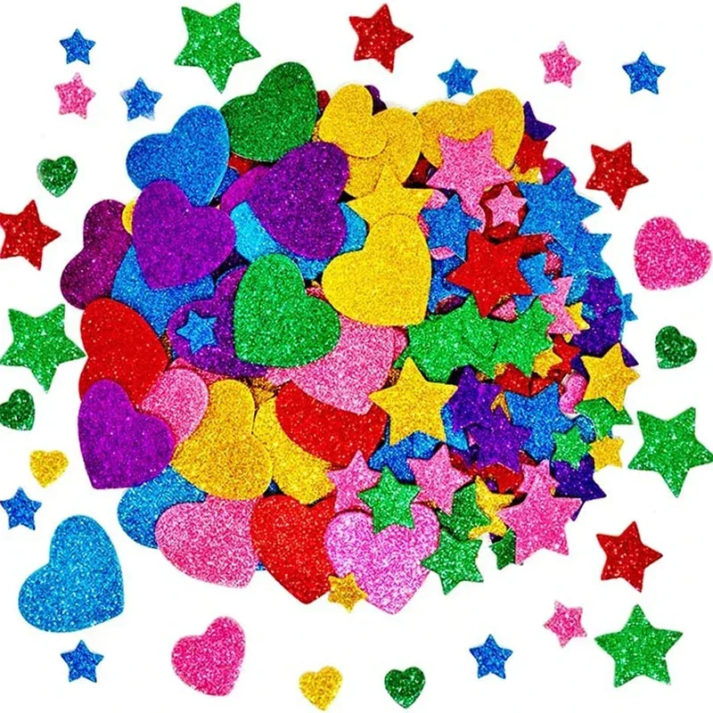 AliExpress - 50-250 Stuks Kleurrijke Glitter Foam Stickers Zelfklevende Sterren Harten Kid's Arts Craft Supplies Wenskaarten Woondecoratie speelgoed