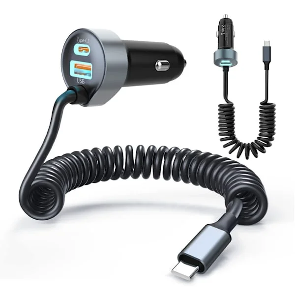 Biloplader USB C Hurtig Opladning til iPhone 16 med 1,5M 65W USB C Spiral Kabel Bil Telefon Adapter PD&QC3.0 USB Oplader 12V USB Stik