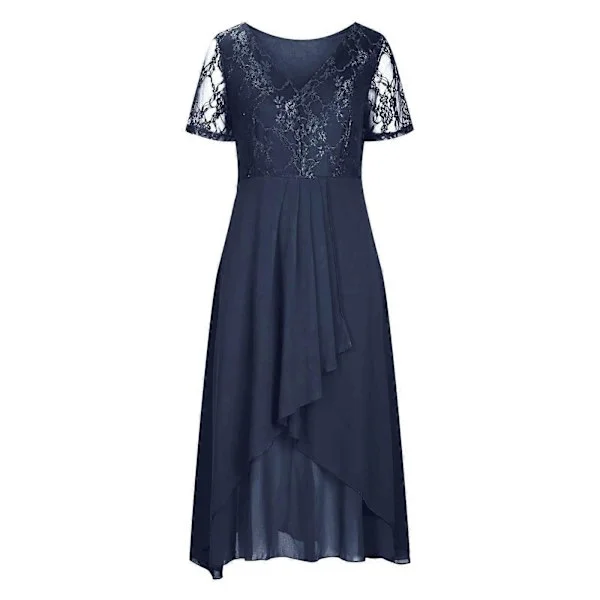 Wome Formell Kjole, Blomstrete Blonde Chiffon Lang Ballkjole Kortermet V-hals Brudepikekjoler Bryllupsgjest Maxikjole Marineblå XXL