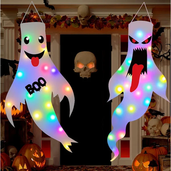 Halloween-dekorasjoner utendørs innendørs, 2-pakning lysende spøkelsesdekorasjoner med LED-lys, hengende spøkelses Halloween-dekor
