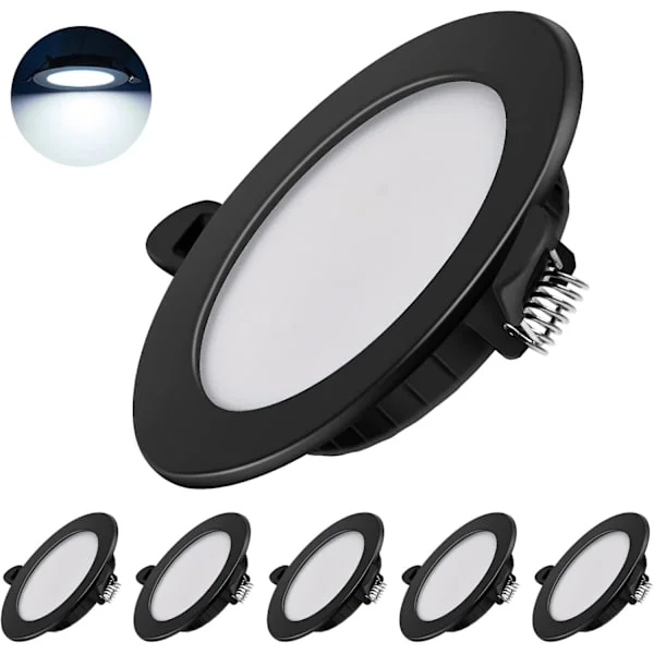Ultratunna LED infällda spotlights 230V, Set med 6 infällda spotlights 7W Energibesparande takspotlights IP44 infällda spotlights, Svart, 6000K