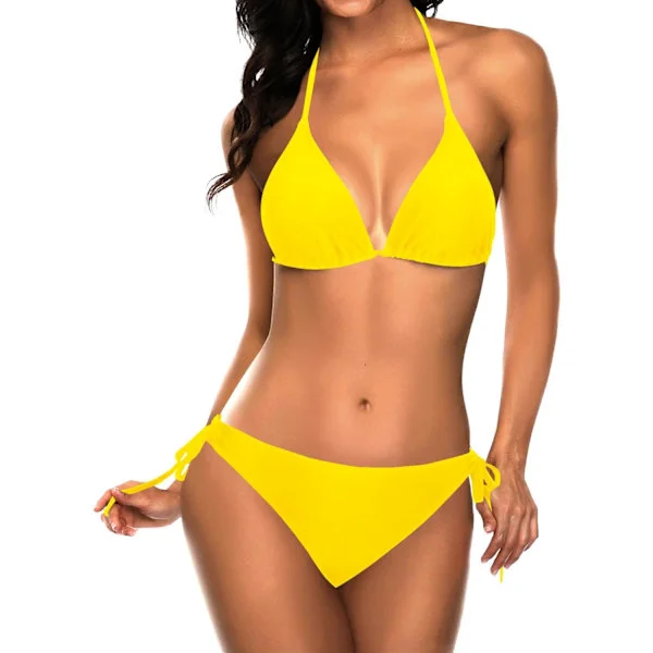 WJSM Dame Triangel Bikini Sett Halter Todelt Sexy Badedrakt String Truse Knyting i Siden Dyp Gul[mo]