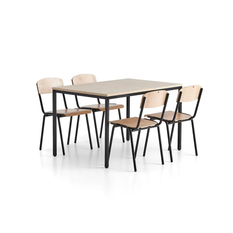 Canteen package JAMIE + WILSON, 1 table + 4 chairs, birch, black