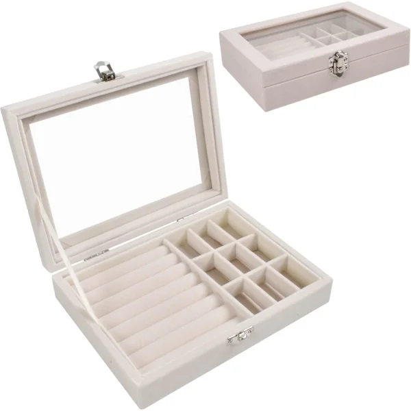 Smyckeskrin med glaslock, smyckeskrin med 9 fack, rese-smyckeskrin i sammet för halsband, örhängen, ringar, transparent smyckesförvaringslåda, beige