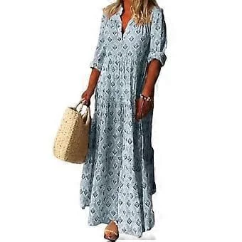 Maxi Dress Charming Stand Collar Soft Long Dress Casual Loose Boho Print Maxi Dress Streetwear (3XL Blue)