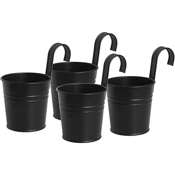 Black Metal Hanging Flower Pots, Durable Pots with Removable Hook, Hanging Planters for Outdoor Indoor 4-Pack-FX-