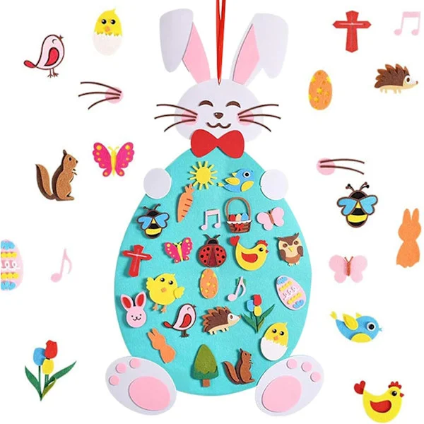 Påske DIY Filt Kanin Sett Bunny Filt Håndverkssett med Avtakbar Ornament Glad Påske Kylling Egg Filt Ornamenter for Veggoppheng