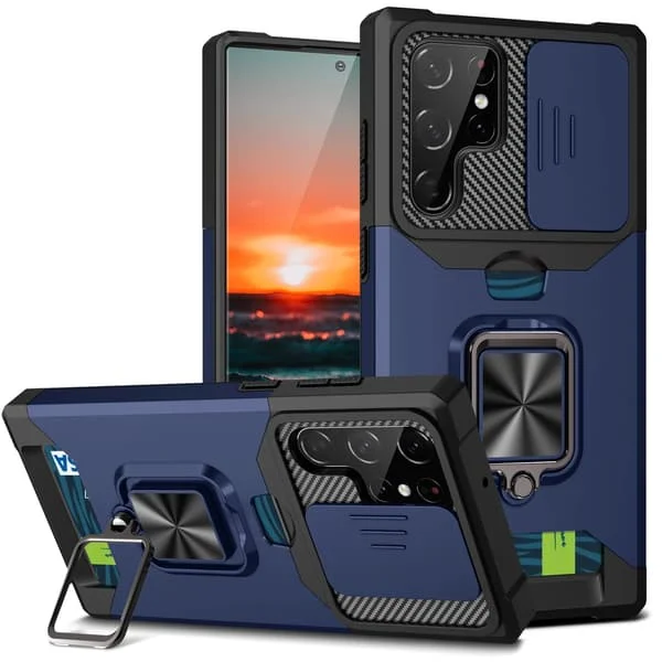 Armerat Ringfäste Kortficka Linsskydd Skjutbart Fönster Skydd Mobiltelefonfodral för Samsung S24 23 22 21ULTRA NOTE20 Militär Kvalitet