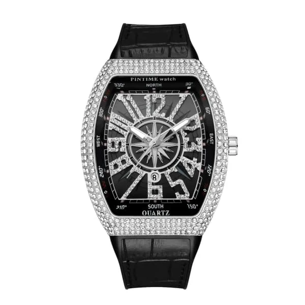 Men's Watch Luxury Diamond Iced Waterproof Quartz Wristwatch Blue Silicone Band Party Casual Dress Watches