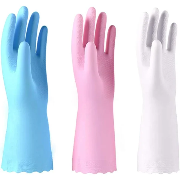 Set of 3 Reusable, Latex-Free Cleaning Gloves - Dishwashing Gloves with Cotton Lining and Waffle-Patterned Palms