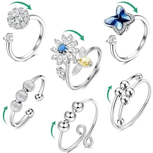 St Fidget Ringar för Ångestlindring Justerbart Ringset Justerbara Ringar Fidget Ringar Kvinnor Pärlarmband