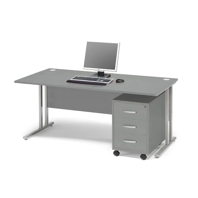 FLEXUS Kontorpakke - Skrivebord 160x80 cm + Skuffeseksjon med 3 Skuffer, Grå - Hjul & Lås - AJ Produkter