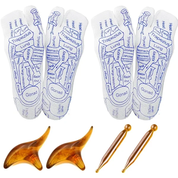 2x massage strumpor, reflexologi strumpor set, bomull fot reflexologi strumpor, tryckpunkt strumpor, massage pinne