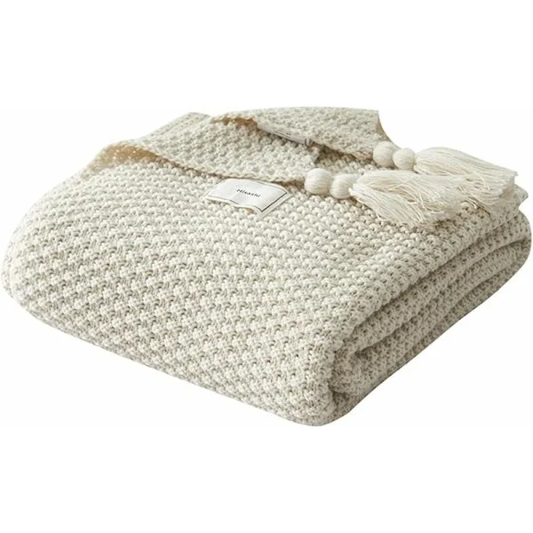 Strikket teppe kast til sofa sengeteppe bordmatte myk varm nordisk sengeteppe med håndlaget frynser for strandpiknik alle årstider (Beige, 130 x 170 