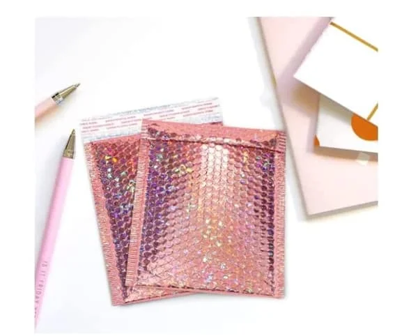 10x12 tum metallisk holografisk bubbelkuvert vadderat kuvert glitter fraktpåse -- Liten företagsförpackning (Champagne, 5-pack)