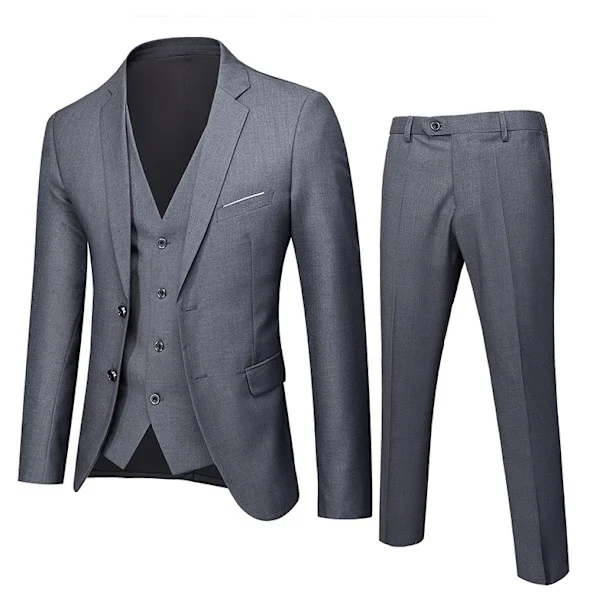 Herre 3-delt Slim Fit Jakkesæt, Ensfarvet Jakke Vest Bukser Grå