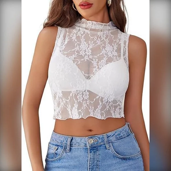 Gjennomsiktig Ermeløs Blondetopp - Sexy Slim Fit Bluse M M