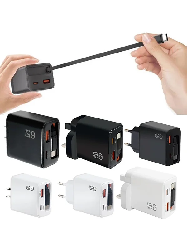AliExpress - 65W USB-C Schnellladegerät mit Einziehbarem Typ-C-Kabel PD-Schnellaufladung für iPhone 16 15 MacBook Samsung Laptop iPad EU/US/UK-Stecker