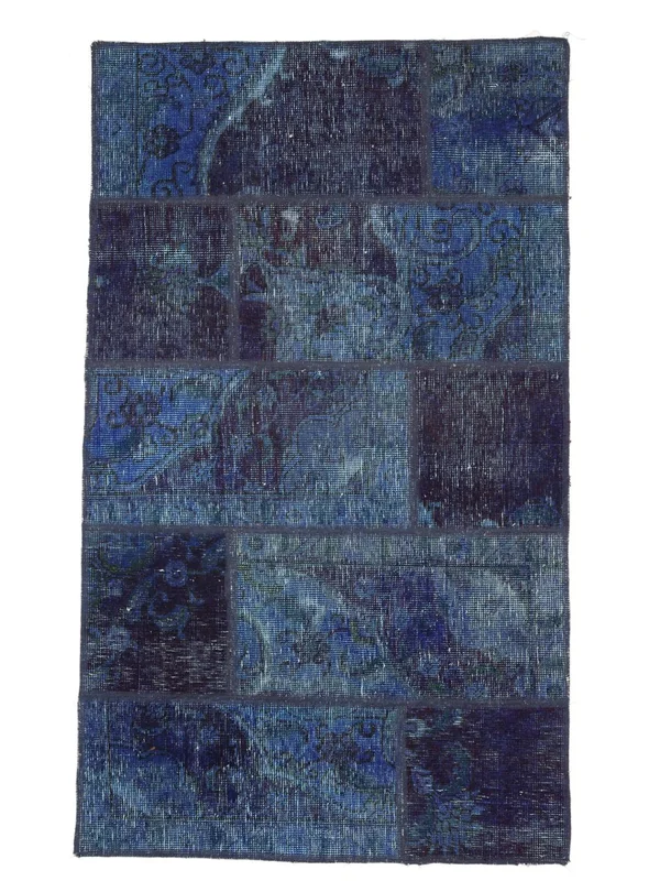 Hand Knotted Patchwork Rug 90X150 Oriental Wool Dark Blue/Black Small