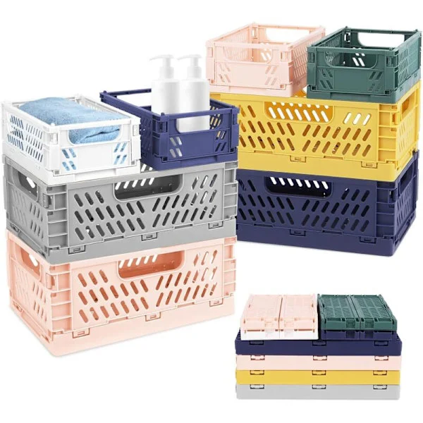 Set med 8 hopfällbara plastlådor – 4 stora korgar 22x14.8x8.7cm och 4 små lådor 15x9.8x5.7cm – Förvaring med handtag för kök och kontor