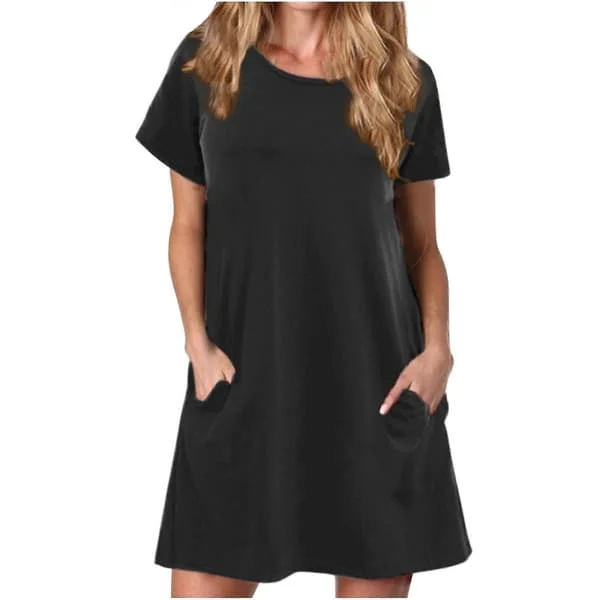 QLEICOM Dam Sommar Casual T-shirt Klänningar O-hals Kortärmad Lös Klänning Solklänning med Fickor Svart A XL, US Storlek: 10