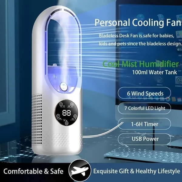 Bladeless bordsfläkt med luftfuktare – USB-fläkt med vattenkylning, 6 hastigheter, sovrumsfläkt med timer och LED-ljus