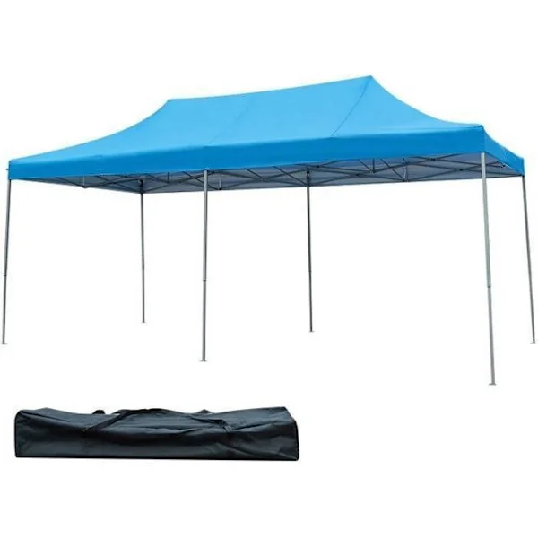 COSTWAY Folding Garden Gazebo 3 x 3M - Bärväska på hjul - 3 höjder - 6 till 8 personer - Vattentätt Oxford-tyg - Blå