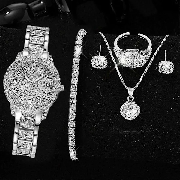 Mode Lyx Full Kristall 5 Delar Klocka Halsband Örhängen Set för Kvinnor Rhinestone Dam Armbandsur Klocka Dam Armband