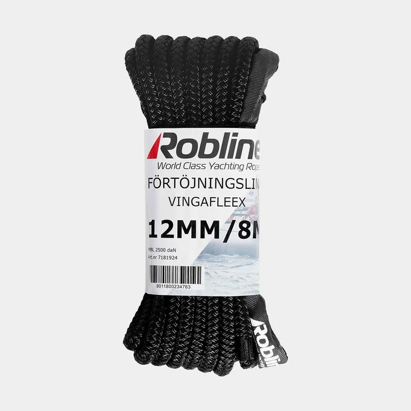Landvasten met gesplitste lus Robline Vingafleex, 16-gevlochten polyester, extra elastisch, Ø12 mm, 8 meter, zwart