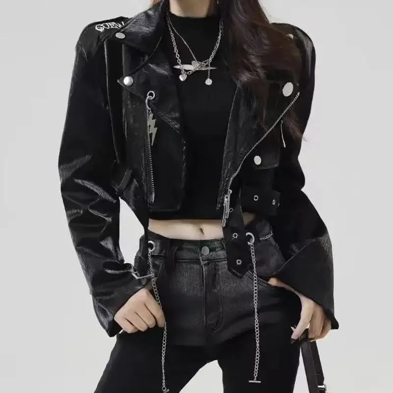 AliExpress - Blouson automne cuir PU femme, court, punk, moto, chic, gothique, brillant, lettre brodée, 2023