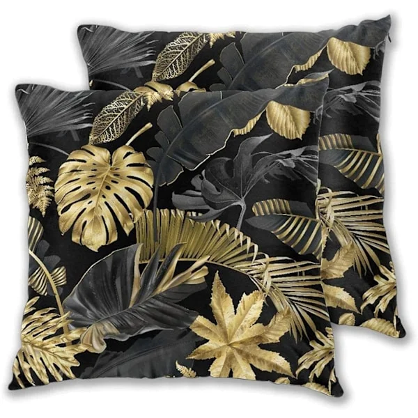 Kuddöverdrag, Guld och Svarta Tropiska Blad på Mörk Bakgrund Kuddöverdrag 45x45 cm Set med 2 Dekorativa Kuddar