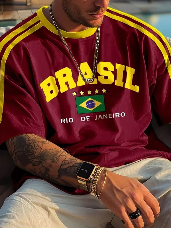 Kesä 2025 Uusi viiden tähden Brasil Print T-paita miehille Lyhythihaiset O-kaula-paidat Vintage Casual Sports Mesh Jersey Oversize Topit